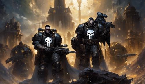 cross between marvel's punisher and Warhammer black templars space marines with punisher helmet