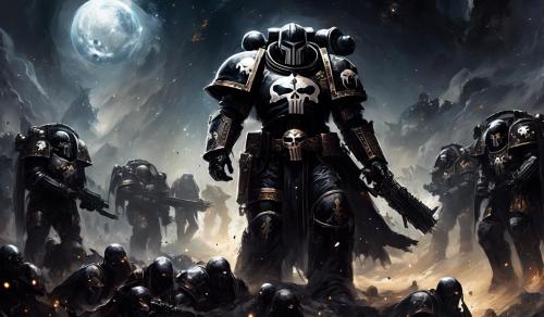 cross between Warhammer black templars space marines and the punisher wearing black space marines helmet