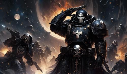 cross between Warhammer black templars space marines and the punisher wearing black space marines helmet