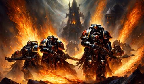 Warhammer 40,000 black templar space marines in fire armor and flame eyes