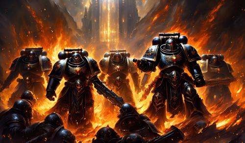 Warhammer 40,000 black templar space marines in fire armor and flame eyes