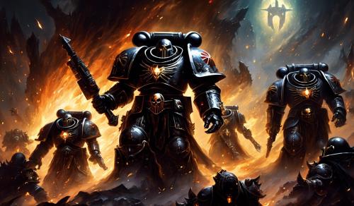 Warhammer 40,000 black templar space marines in fire punisher armor and glowing eyes