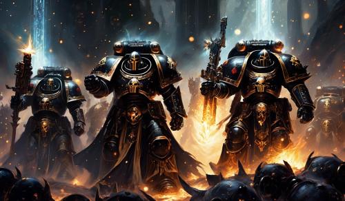 Warhammer 40,000 black templar space marines in fire punisher armor and glowing eyes