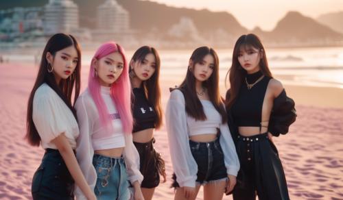 una imagen del grupo de kpop Blackpink frente a una playa