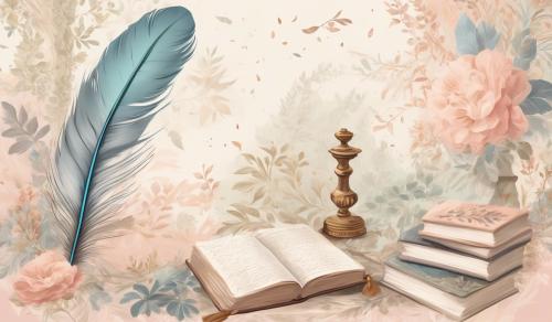 A wallpaper with a Jane Austen vibe to it, with books and tapestry, a feather and writing ink, all in a simple aesthetic, with pastel colours