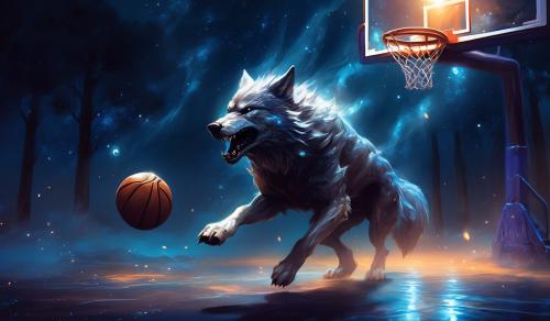 A scary wolf playing basketball at night