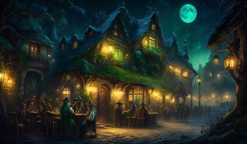 The tavern at night with the leprechaun