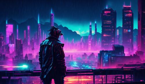 It's a dark and stormy scene with our hero standing in the forefront overlooking a cyber punk industrial worn down city with just a glint of sunlight in the Background