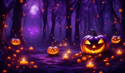 Purple orange pumpkin Halloween forest lights candles 