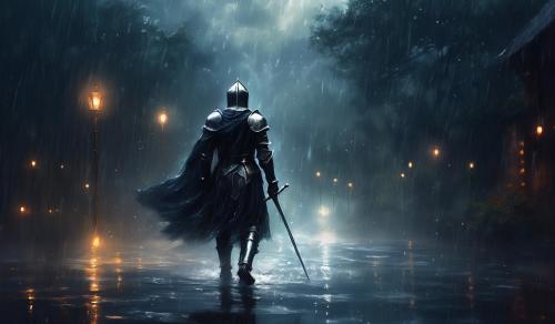 Knight walking in dark rain