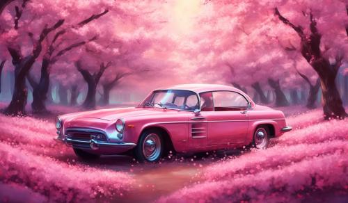 a car that stand in cherry blossum tress