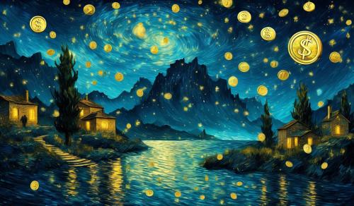 Vincent van Gogh Night sky with money symbols with waterfalls and the horizon