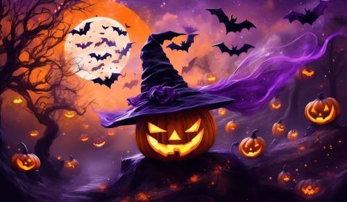 Happy Halloween pumpkin bats witch purple orange black