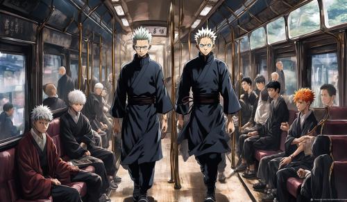 gojo de jujutsu kaisen en el tren con sus dicipulos