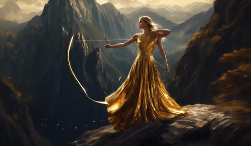 a girl with nice body and long golden shiny dress having an arch and pointing her arrow towards the sky in a beautiful mountainous place with some kind of dark surroundings.