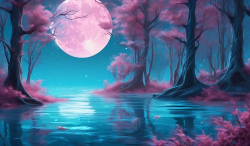 Forest pink moon baby blue water