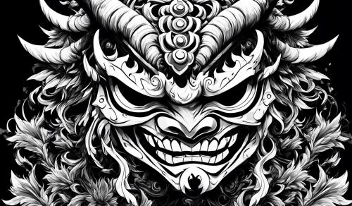 a black and white oni mask with the white side on the black back round and the black side on the white backround