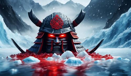 a samurai's helmet fill with red drop in glacier and ice background with 8k quality 