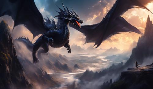 Black magical Dragon. Soaring across a mythical landscape