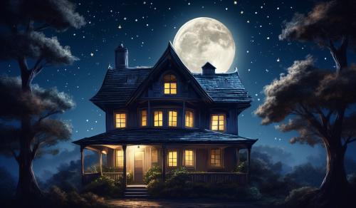 dim light roof of a 2 floor house under the moon and star and trees