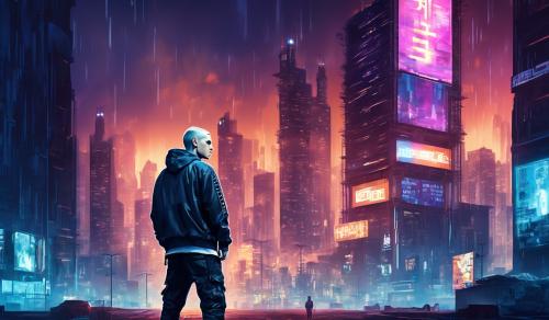 A cyber city that has Eminem standing heroically with a huge billboard that says Ethan.