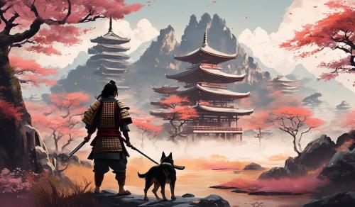 I want a digital art effect that is simple with not too many colors. It has to have a Japanese warrior, with natural landscape and the words 'Shaba K9' blended into it. 