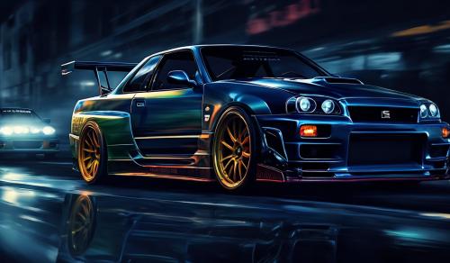 digital art with a dark background and Nissan skyline GTR R34 like the one in fast and furious. I want the car to standout in foreground and look like a photo effect.