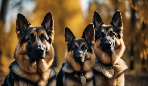 three large German shepherds looking intensely at the camera. First one is a bicolour, black with gold paws, second one is a Czech line shepherd and third is a typical black and gold one