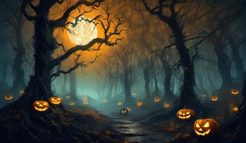 Foggy, moonlit forest on a Halloween night. The trees are tall and gnarly, the branches twisting like skeletal fingers flickering Jack O lanterns line a narrow.