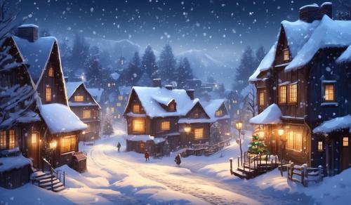 Picture a cozy snow covered village on Christmas Eve. The air is crisp with snowflakes gently falling, blanketing the rooftops and streets.