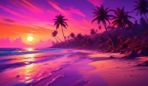 Random tropical beach at sunset. The sky is painted in vibrant shades of orange, pink and purple as the sun sinks towards the horizon.