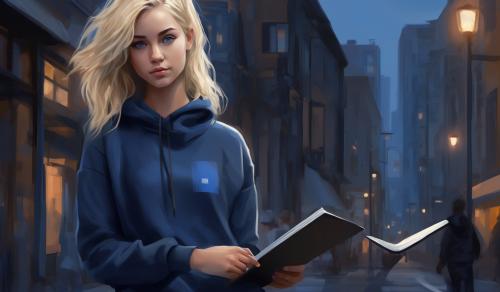 Blonde hair, blue grey eyes, girl, wearing a dark blue pavement jumper, hip hop pants, and holding a sketchpad