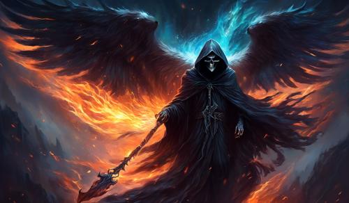 Grim reaper with wings and fireWith wolves