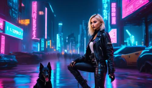 A girl, waist length blonde hair, blue eyes, leather jacket, leather pants, leather boots, walking a black kelpie, and is in the city