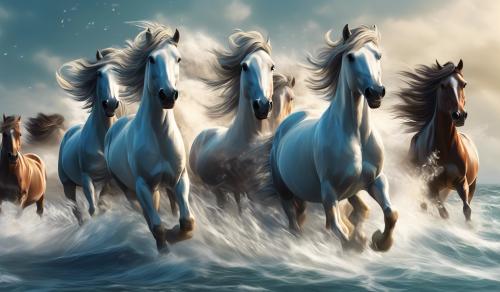 make a moving wallpaper for computer of horses with manes blowing in the wind in the sea in a 3D style