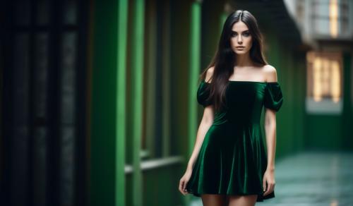  woman with black short dress and kneesocks Dark long hair green eyes