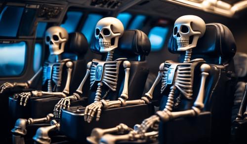 human skelton sitting in plane seats attaching with seat belts also Pilot and Co-Pilot both in skeleton form holding the control panel lever in their hands.