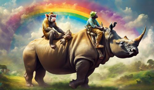 Monkey riding a rhino over a rainbow