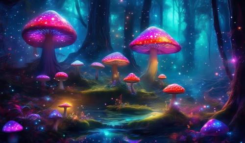 Space cosmic neon fantasy toadstools in alien whimsical woodland 