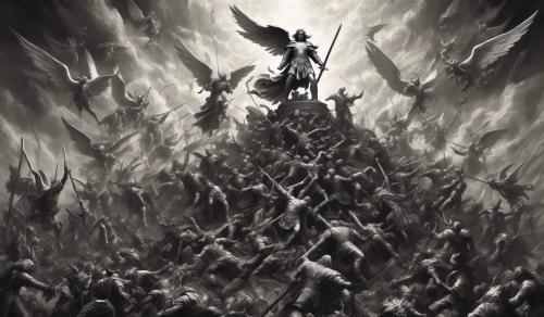 St Michael standing atop a pile of dead demons, pointing a sword at a large group surrounding him. Black and white