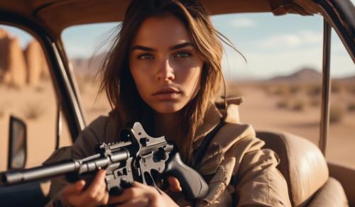 a girl in desert have a gun its m16 and setting in car and she is beautiful 