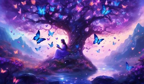 in the land of fairies you have no worries. you sit and read Under a whimsical tree you are surrounded by butterflies and many other tiny fairies everything is purple and blue and pink