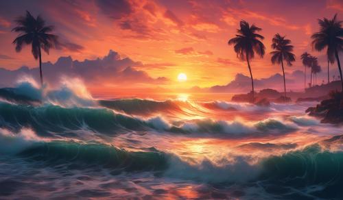 give me L.A vibes with sunset and waves in ocean give the realistic experience