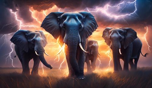 elephants, lightning strikes, stormy weather above the prairie, sunset