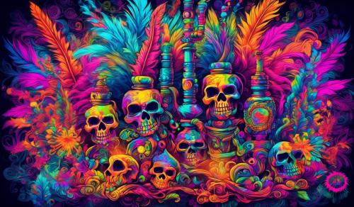 Stoner skull smoking a neon bong with psychedelic patterned plumes of smoke and hippy pattern background 