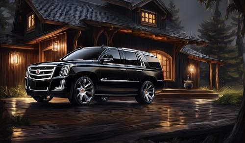 draw a black the latest model of black Cadillac escalade and back of Cadillac escalade a wooden house 