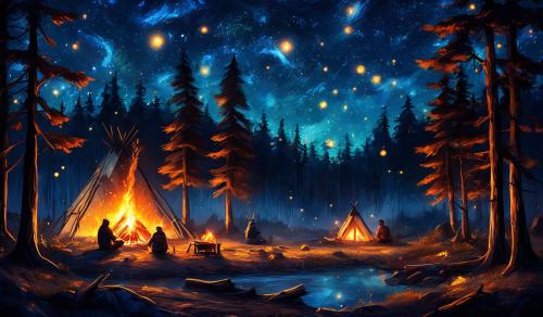 Starry Night sky forest camp fire 