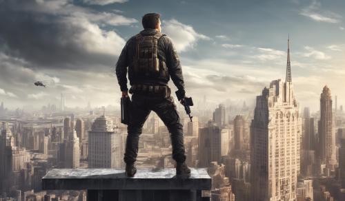 A man holding a gun on top of a building