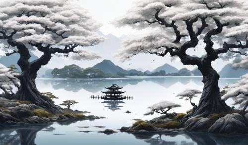 In the middle of the picture is a large japanese tree that is black and around it is a lake that is all white