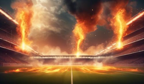 Football field with fire and smoke around